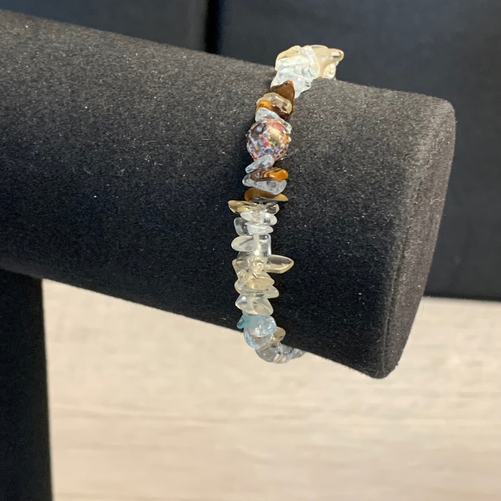 Boho Natural Stone Chip Stretch Bracelet Tigers Eye Quartz Art Glass Bead 6.25in